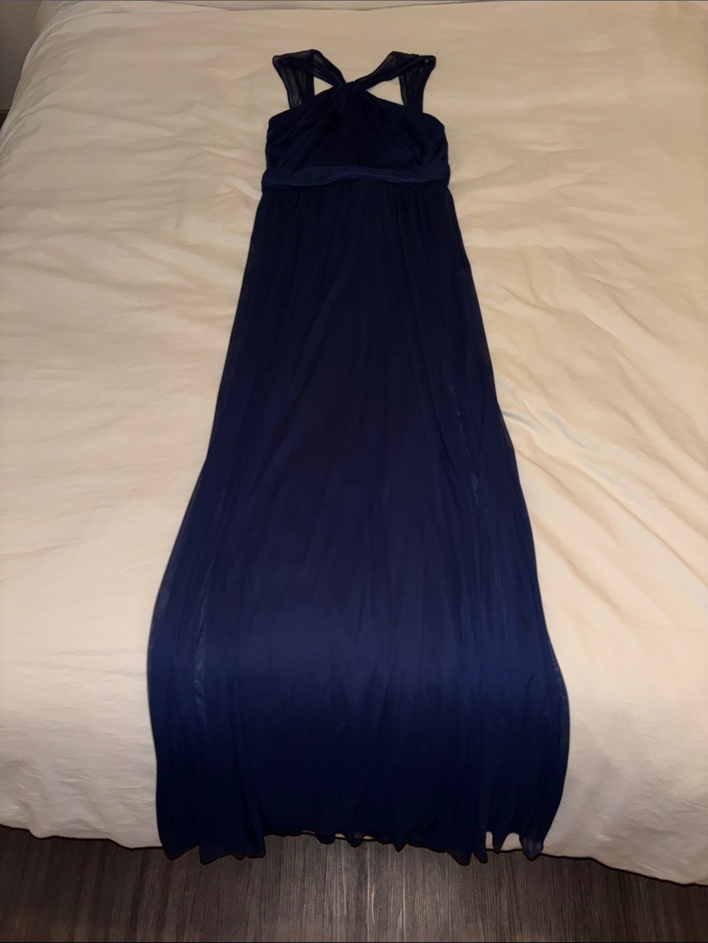 David's Bridal Navy Blue Sleeveless Maxi with Twisted Halter Bodice